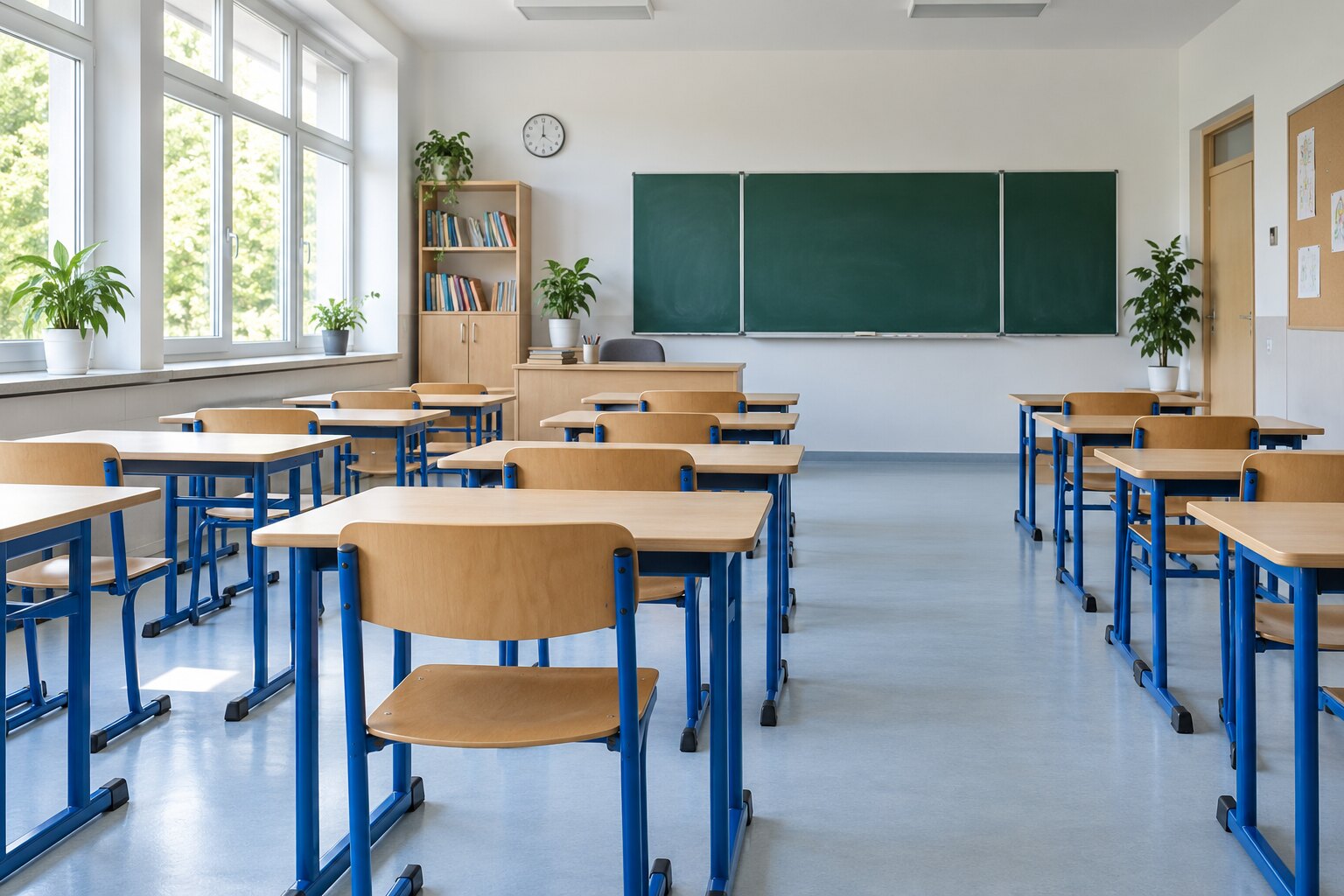 Sala lekcyjna z ławkami i zmywalną podłogą