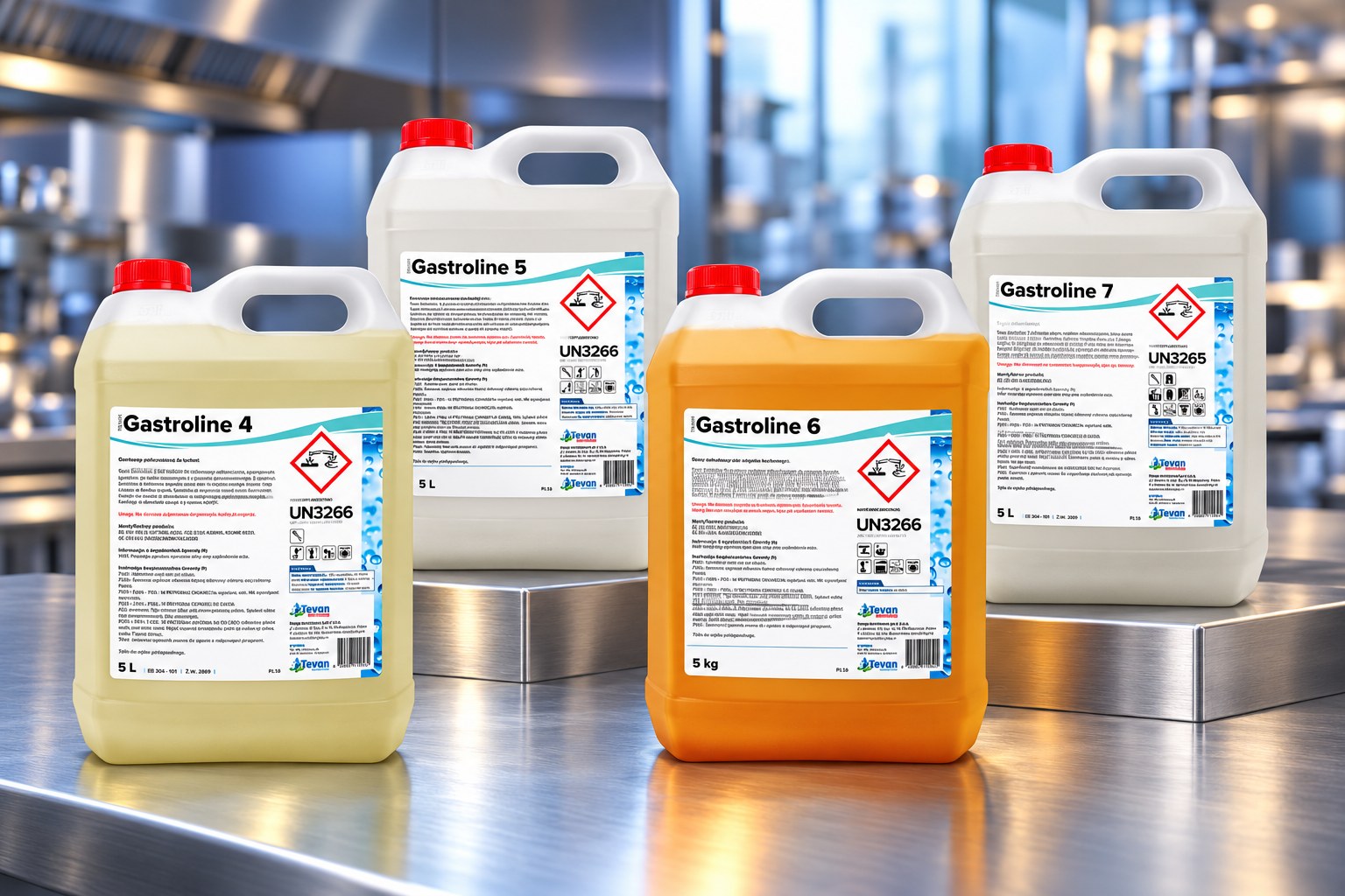 Gastroline 4, 5, 6 i 7 — kompozycja produktów TEVAN na tle profesjonalnej kuchni
