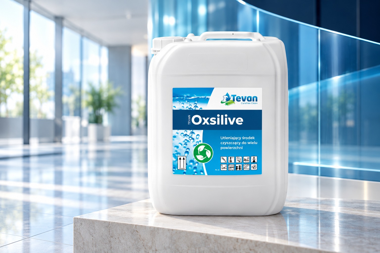 TEVAN OXSILIVE — kompozycja produktu na tle nowoczesnego obiektu komercyjnego