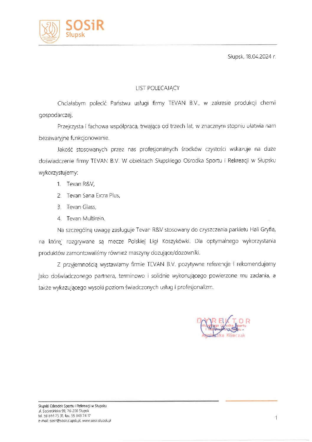 Podgląd listu polecającego SOSiR Słupsk